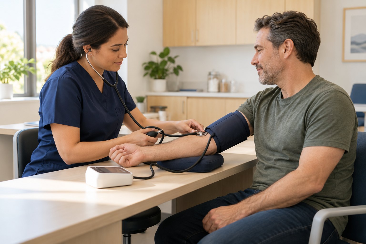A clinician checking an adult patient's blood pressure