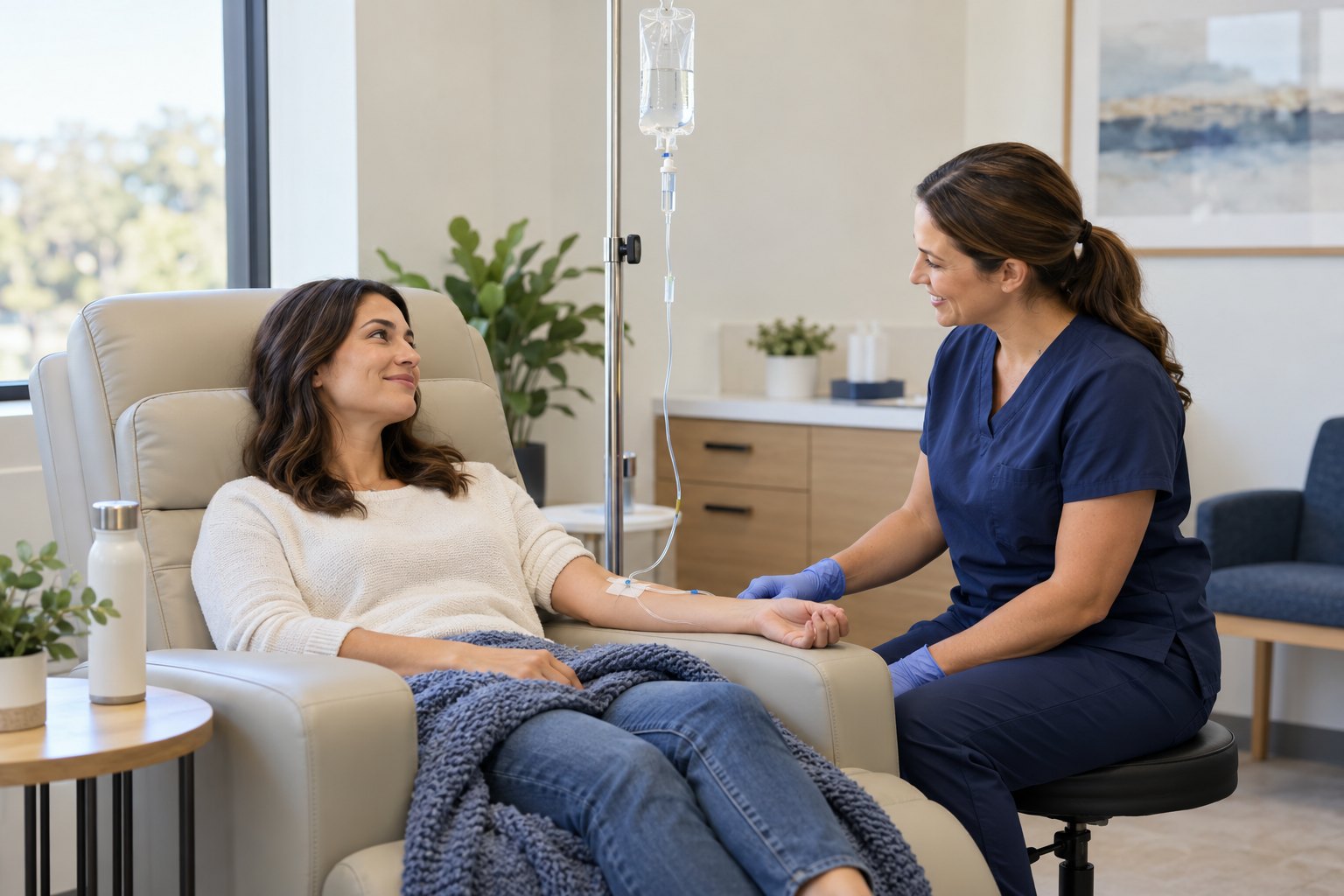 An adult receiving an IV infusion in a clinical setting