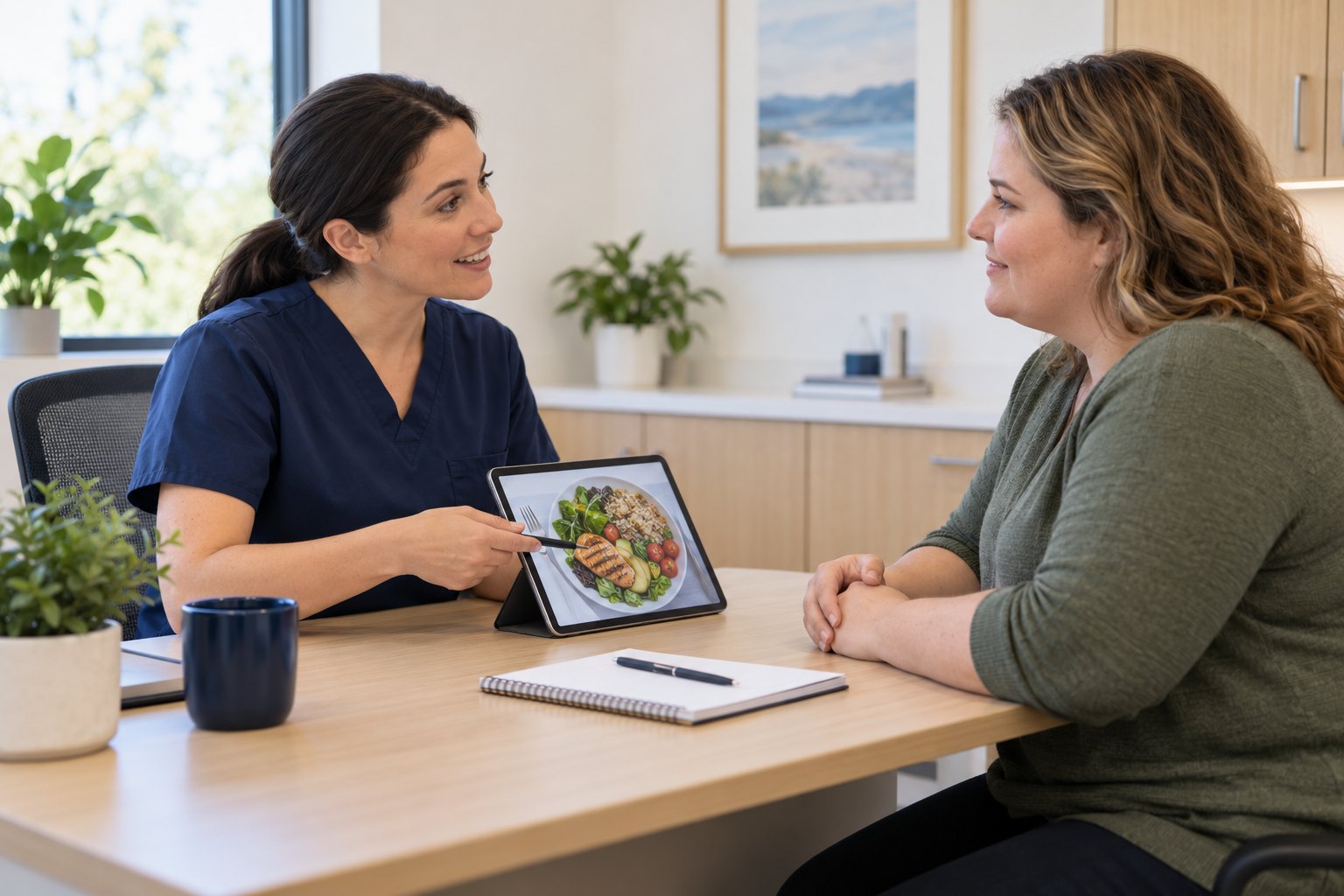 A patient discussing a weight-management plan with a clinician