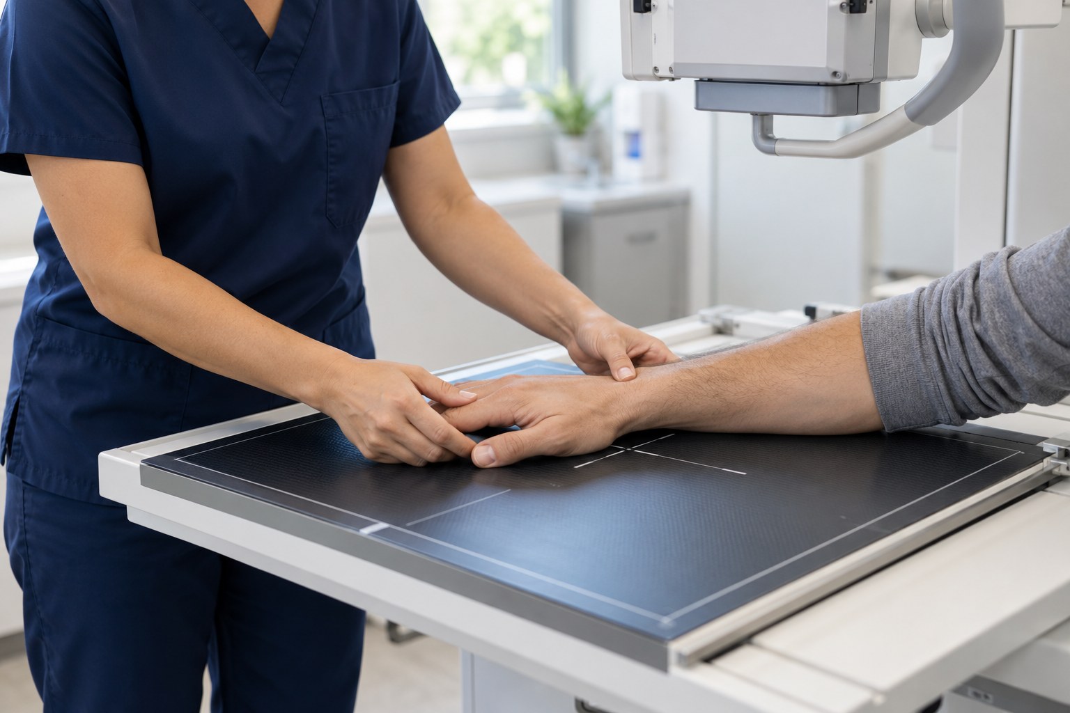 Illustrative image of a clinician positioning a wrist for an X-ray